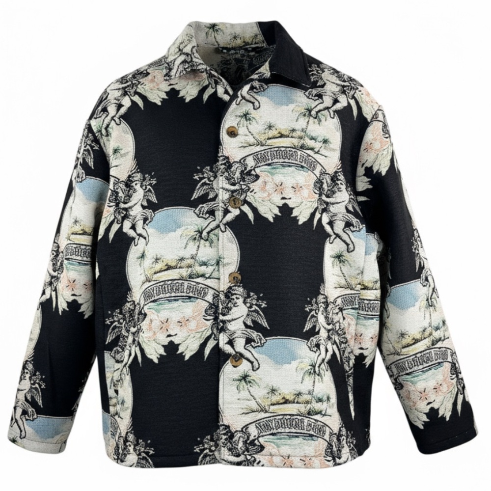 Rebel Vengeance Tapestry Shirt Jacket L NON DUCOR DUCO Cherub Print Shacket